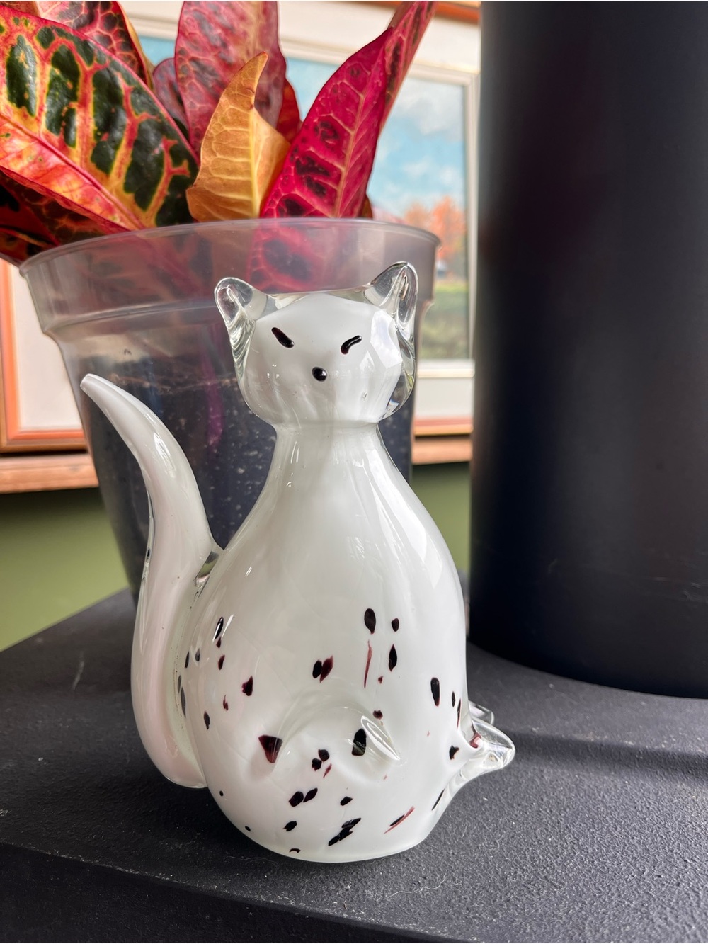 Handblown White Glass Cat Figurine with deep purple Speckle Accent